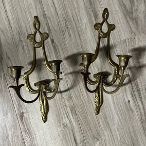 Vintage Art Deco Style Brass Double-Arm Wall Sconces - Gold Finish